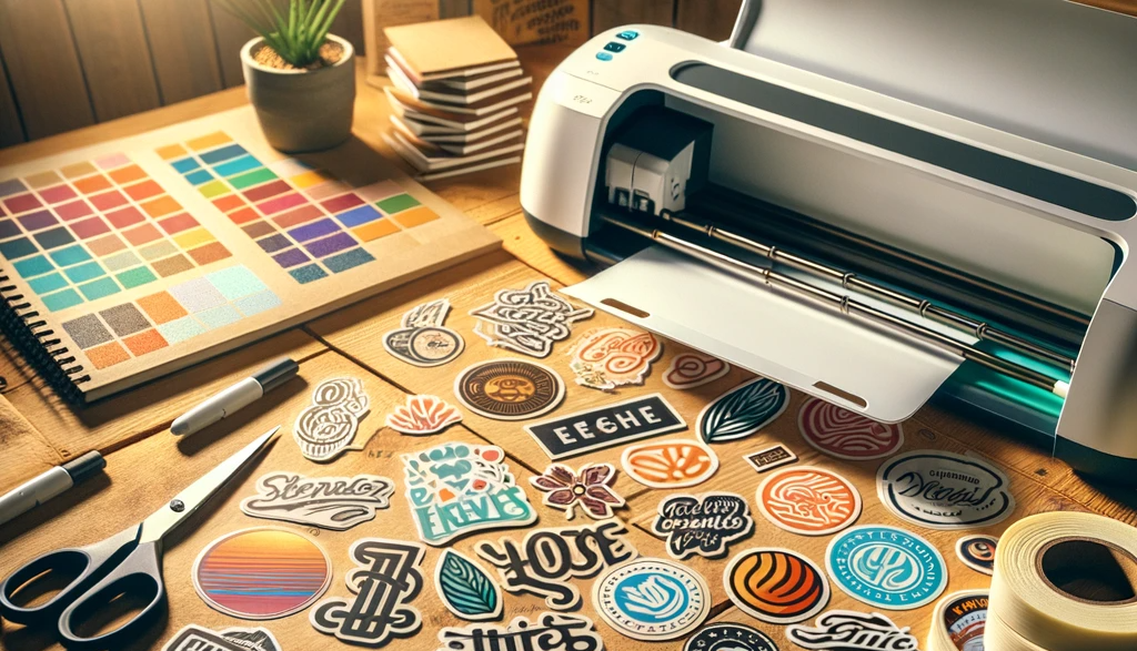 die cut stickers on a desk with a cricut machine and various tools.
