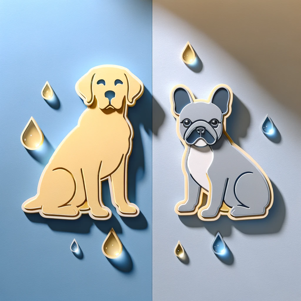 two dog shaped stickers surrounded by water droplets on a two-tone blue background.