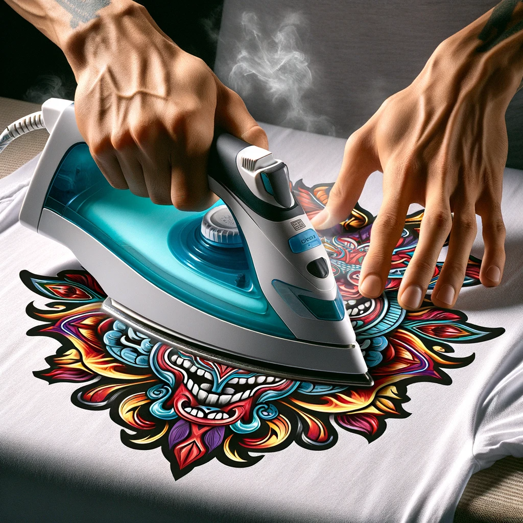 hands ironing a colorful dragon sticker onto a white t-shirt.