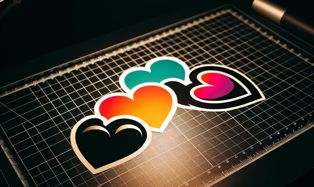 four heart shaped stickers on a black craft table with overhead lights.