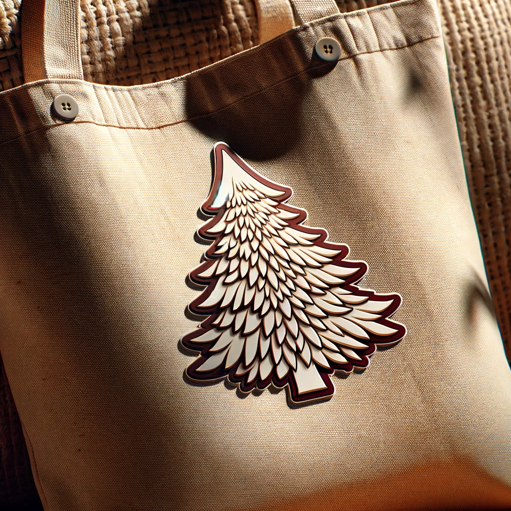 black and white evergreen tree sticker on a beige canvas tote.
